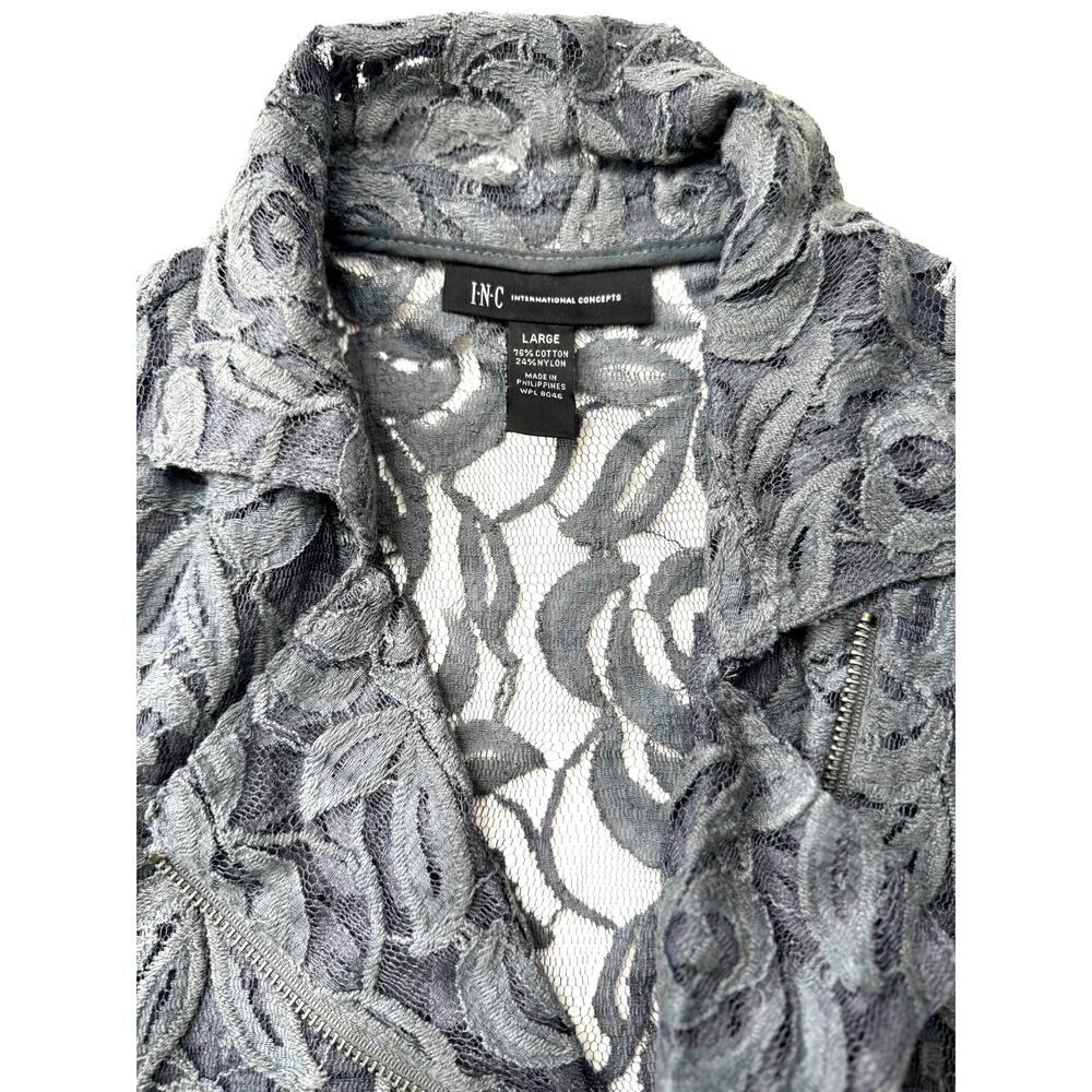 INC Lace Moto Vest Dark Gray Romantic Grunge Vampire Diaries Lg Zip Floral Y2K